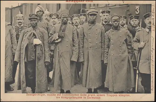 Ansichtskarte Senegal-Schwarze, Kriegsgefangene in Darmstadt, Feldpost 21.12.14