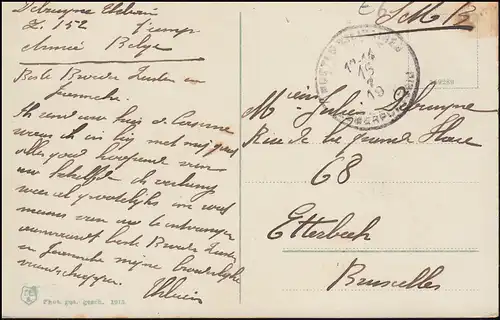 Carte de Crefeld Caserne, carte de poste 15.1.1919 à Bruxelles