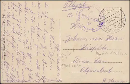 Poste de terrain BS 1. Régiment d'infanterie de réserve 259 sur AK, Poste 25.11.1916