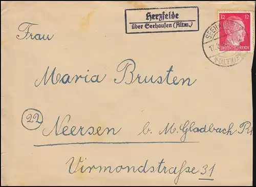 Landpost-Stempel Herzfelde über Seehausen (Altmark) Brief 17.2.1945 nach Neersen