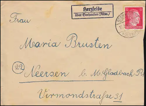 Templier de la campagne Herzfelde sur Seehausen (Altmark) Lettre 17.2.1945 à Neersen