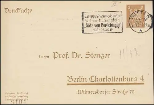 Privat-Ganzsache Werbe-O Götz von Berlichingen Witten-Hohenstein 1927