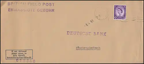 Feldpost BRITISH FIELD POST H.Q. NAAFI en Allemagne Lettre F.P.O. 2.4.1963