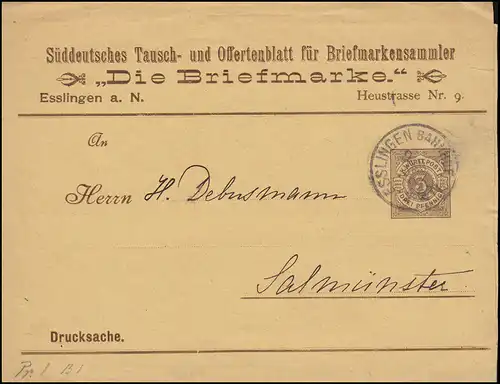 Württemberg PS 2 Ziffer 3 Pf. braun Drucksache Die Briefmarke ESSLINGEN 2.1.95