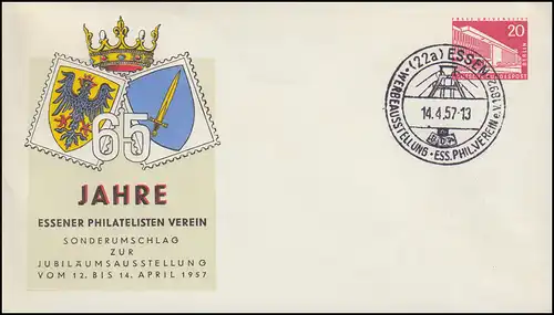 Privatumschlag PU 18/2 Philatelistenverein Essen, passender SSt ESSEN 14.4.1957