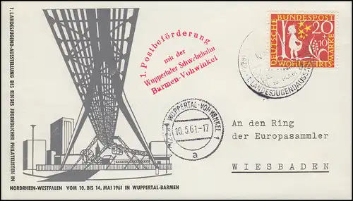 1. Postbeförderung mit der Wuppertaler Schwebebahn Barmen-Vohwinkel 10.5.1961