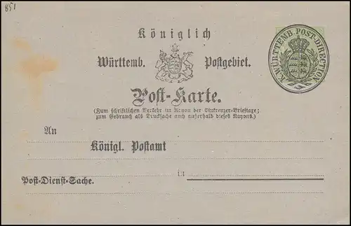 Württemberg Post-Dienst-Sache Postkarte WÜRTTEMB. POST-DIREKTION, ungebraucht