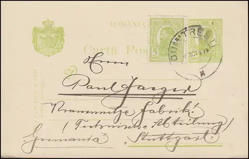 Roumanie Carte postale P 50 avec supplément de DUMITRESTI 16.10.1911 à Stuttgart