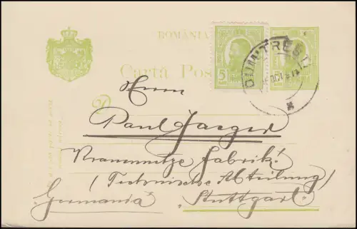 Roumanie Carte postale P 50 avec supplément de DUMITRESTI 16.10.1911 à Stuttgart