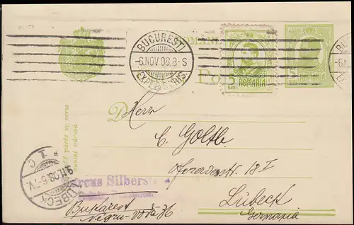 Roumanie Carte postale P 50 avec supplément de BUKAREST 6.11.1908 vers LÜBECK 9.11.08