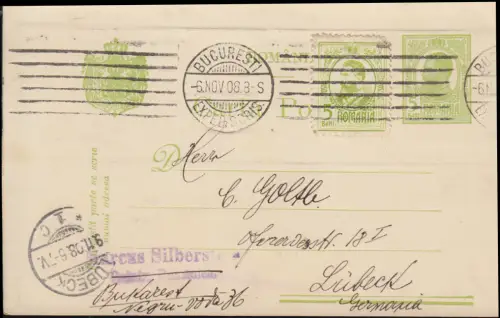 Roumanie Carte postale P 50 avec supplément de BUKAREST 6.11.1908 vers LÜBECK 9.11.08