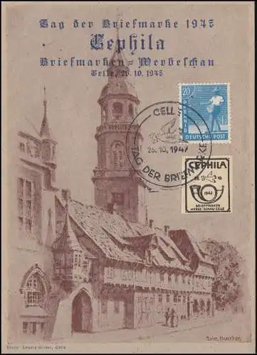 Tag der Briefmarke 1947 CEPHILA Werbeschau SSt CELLE 26.10.47 auf Gbl. Kirche
