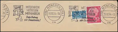 Werbestempel: Mitdenken, Mitreden, Mithandeln MÜNCHEN 15.10.1954 auf Briefstück