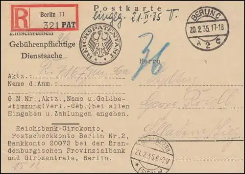 Gebührenpflichtige Dienstsache Reichspatentamt R-Postkarte BERLIN 20.2.1935