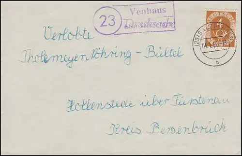 Le temple de la poste de campagne Venhaus sur SALZBERGEN 4.1.1952 sur le recto de lettre