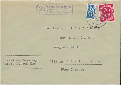 Landpost-Stempel Messingen über SALZBERGEN 17.11.1953 auf Brief nach Steinburg