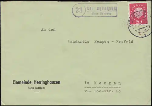 Landpost-Stempel Herringhausen über BOHMTE 5.12.1963 auf Brief nach Kempen/Nrh.