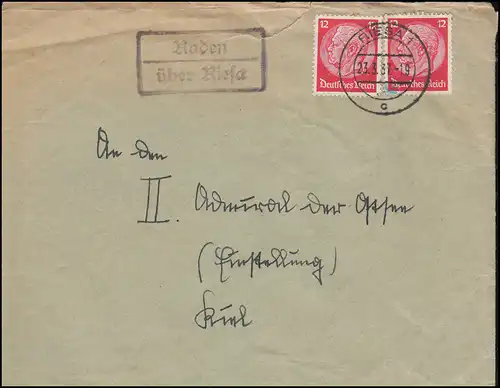 Landpost-Stempel Raden über RIESA 23.3.1937 auf Brief nach Kiel-Wik