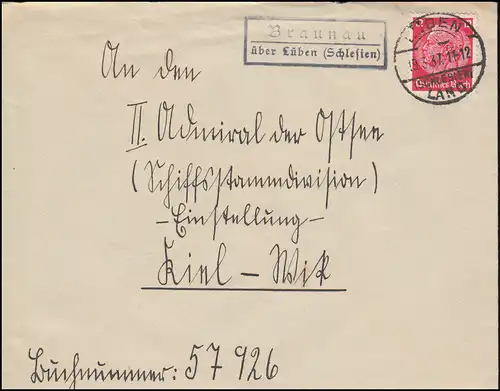 Landpost-Stempel Braunau über Lüben (Schlesien) auf Brief LÜBEN LAND 19.3.1937