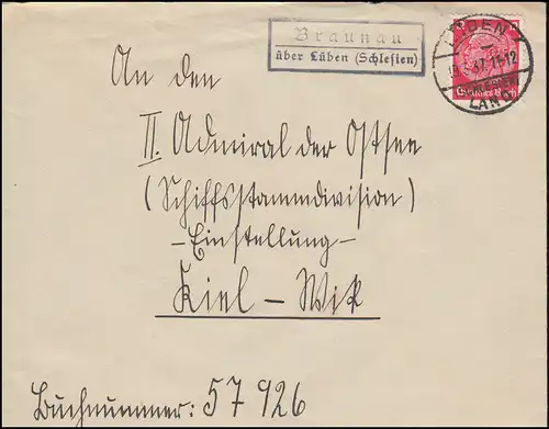 Le temple de la poste de Land-post Braunau sur Lüben (Silésie) sur lettre LUBEN PAYS 19.3.1937