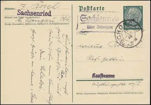 Landpost-Stempel Sachsenried über SCHONGAU 25.1.1940, Postkarte nach Kaufbeuren