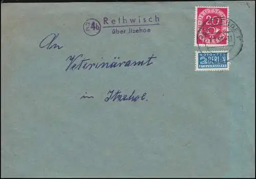 Landpost-Stempel Rethwisch über ITZEHOE 1954 auf Brief 