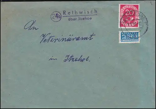 Templier de la poste de campagne Rethvich sur SITZEHOE 1954 sur lettre