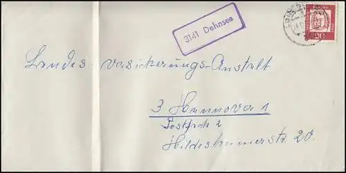 Landpost-Stempel Dehnsen auf Brief LÜNEBURG 24.12.1962 nach Hannover