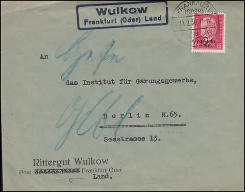 Le temple de la poste de Landpost Wulkow FRANKFURT (OU) PAYS 19.9.1930 sur lettre à Kiel-Wik