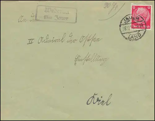 Temple de la poste de campagne Ni au sujet de Jauer sur la lettre JAUER LAND 28.12.1936 à Kiel