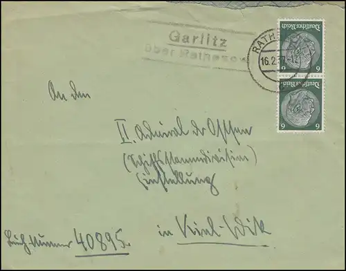 Le temple de la poste de Garlitz sur RATHENOV 16.2.1937 sur lettre à Kiel-Vik