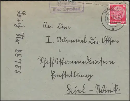 Landpost-Stempel Reuthau über SPROTTAU Schlesien Jan. 1937 nach Kiel-Wik