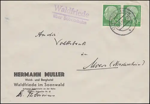 Templier de la poste de campagne Waldfriede sur SOBERNHEIM 19.5.1958 sur lettre à Moors