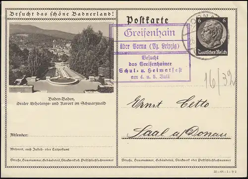 Landpost-Stempel Greifenhain über BORNA (BZ LEIPZIG) 1936, Bildpostkarte P 236