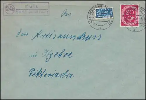 Landpost-Stempel Puls über HOHENWESTEDT (HOLST) 28.11.53 auf Brief nach Itzehoe