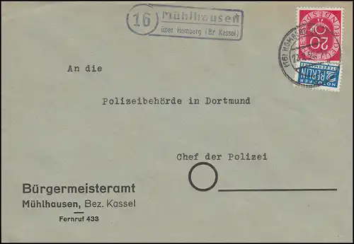 Landpost-Stempel Mühlhausen über HOMBERG (BZ KASSEL) 22.2.1952 auf Brief