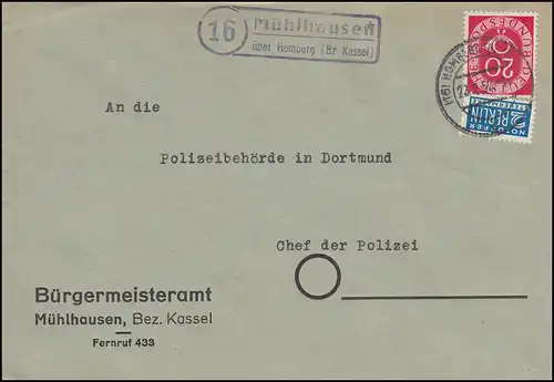 Le temple de Mühlhausen par l'intermédiaire d'HOMBERG (BZ KASSEL) 22.2.1952 sur lettre