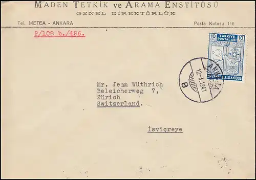 1077 Création de la Fédération des Balkans 10 Ks. EF sur lettre ANKARA 12.3.1941 à Zurich