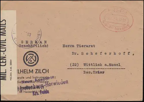 Cennorship CIVIL avec frais payés temple FULDA 12.12.1945 sur lettre