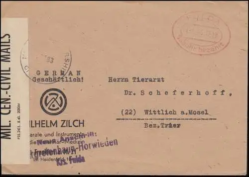 Zensur CIVIL CENSORSHIP mit Gebühr-bezahlt-Stempel FULDA 12.12.1945 auf Brief