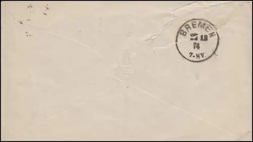 Umschlag U 3 IA Brustschild 1 Groschen von WEIMAR 21.12.1874 nach BREMEN 22.12.