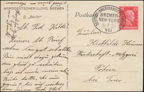 Deutsche-Amerikanische-Seepost BREMEN-NEW YORK 31.8.1927 sur AK Kaumer Berlin