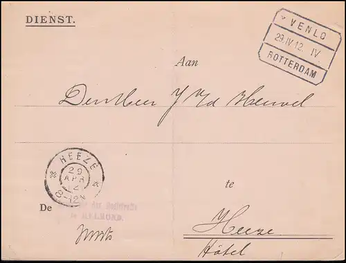 Service postal Enregistrement Post ferroviaire VENLO-ROTTERDAM 29.4.1912 vers HEZE 29.4.12