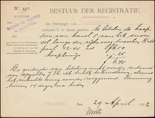 Dienstpost Registrierung Bahnpost VENLO-ROTTERDAM 29.4.1912 nach HEEZE 29.4.12