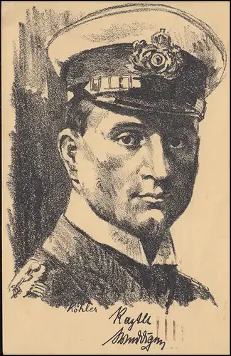 Portrait Capitaine Lieutenant Otto Wedigen - Mort héroïque sur U 29, STUTTGART 4.7.1915