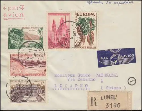 Frankreich 1160+1161+1164 Landschaften + 1157 Europa +1159 R-Brief LUNEL 4.11.57