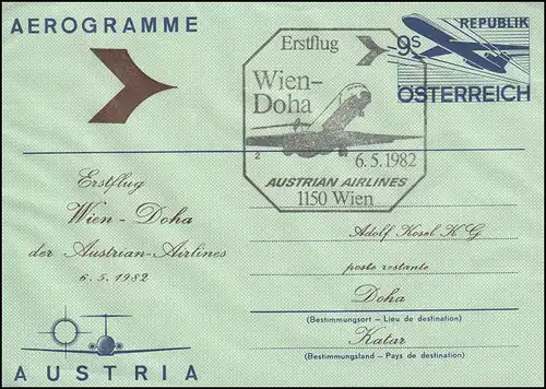 Österreich Aerogramm Luftpost-Faltbrief LF 19 mit SSt Erstflug Wien-Doha 6.5.82