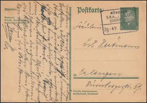 Bahnpost MÜNCHEN-SAALFELD ZUG 49 - 31.8.31 auf Postkarte P 181I nach Erlangen