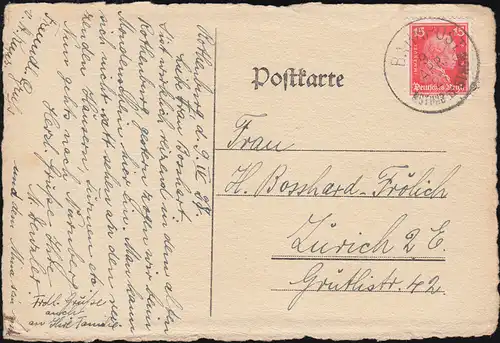 Einkreisstempel BAHNPOST 9.4.1927 auf Ansichtskarte Rothenburg nach Zürich