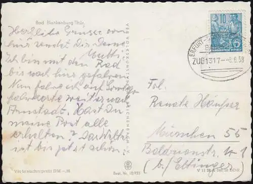 Bahnpost ERFURT-SONNEBERG (THUR.) ZUG 1317 - 6.6.58 sur AK Bad Blankenburg/Thür.